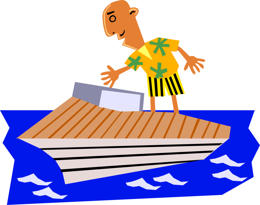 Vector Illustration of Businessman Drives Runabout Motorboat Boat 