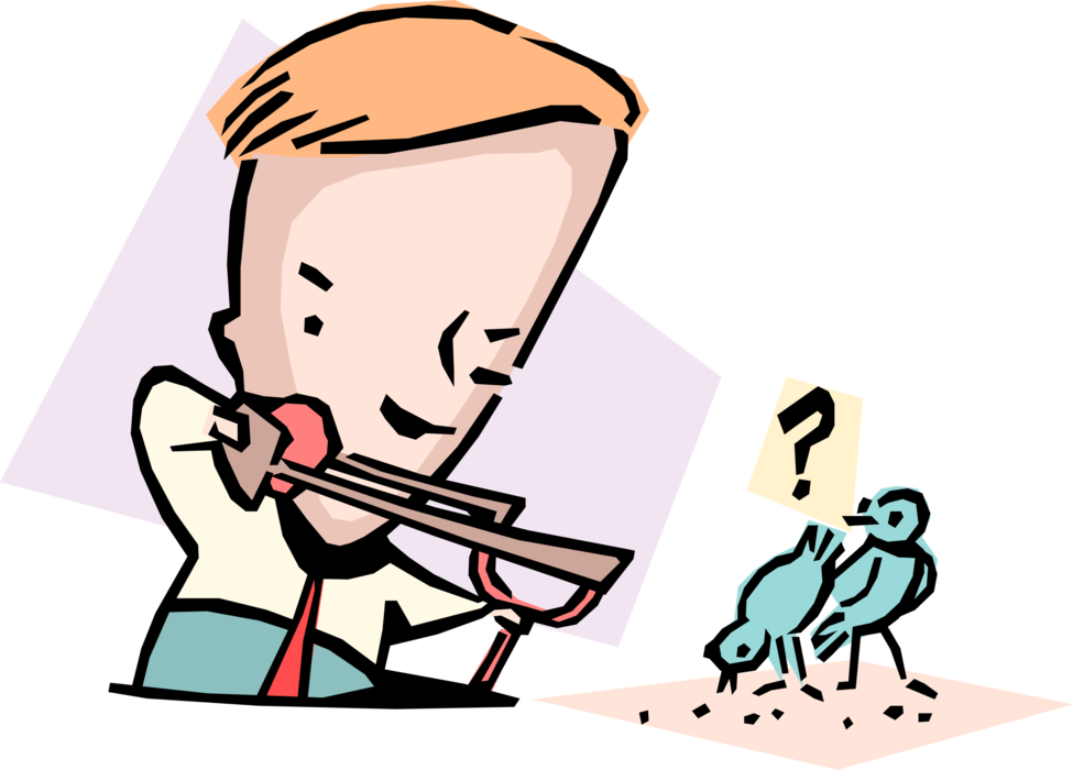 Vector Illustration of Killing Two Birds with One Stone Idiom Businessman with Slingshot