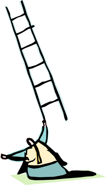Vector Illustration of Businessman Balances Ladder for Climbing and Reaching 