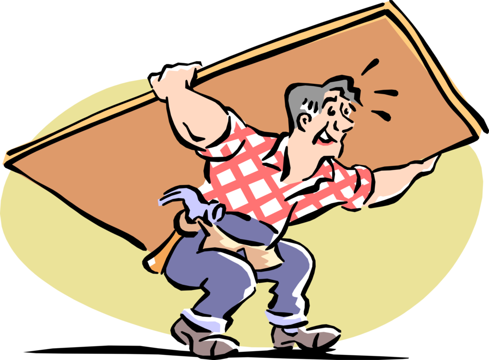 Vector Illustration of Do-It-Yourself Home Improvement Handyman Carpenter at Work Lifting Plywood Sheets