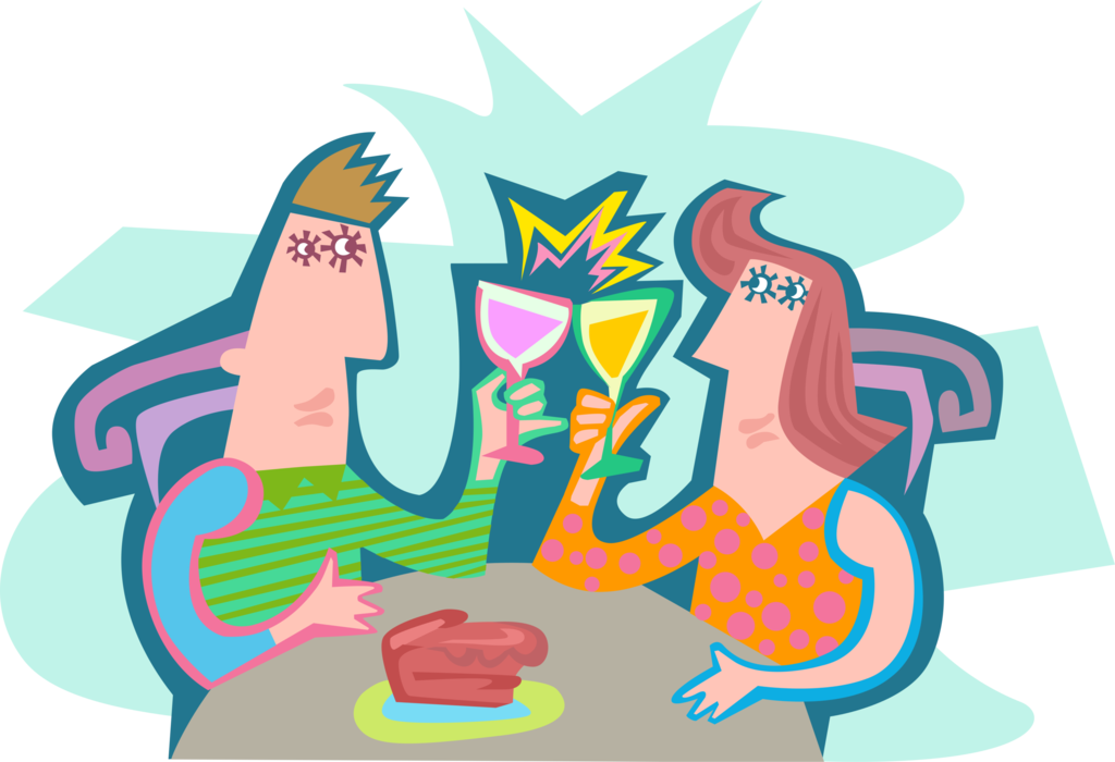 Vector Illustration of Couple Having Alcohol Beverage Drink Clink Glasses in Toast