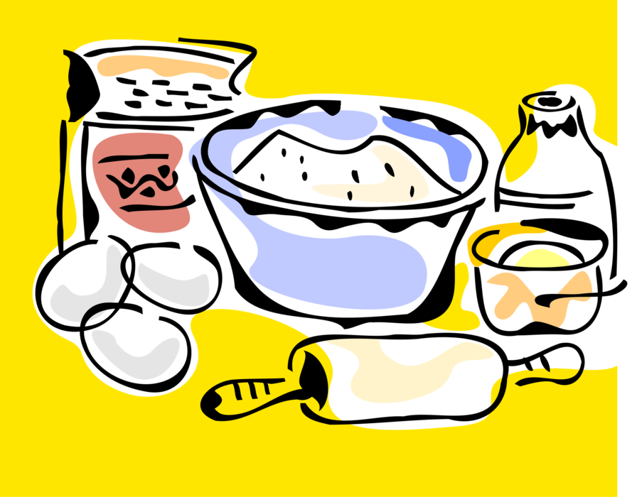 Vector Illustration of Baking Ingredients with Flour, Eggs, Milk, Mixing Bowl and Rolling Pin