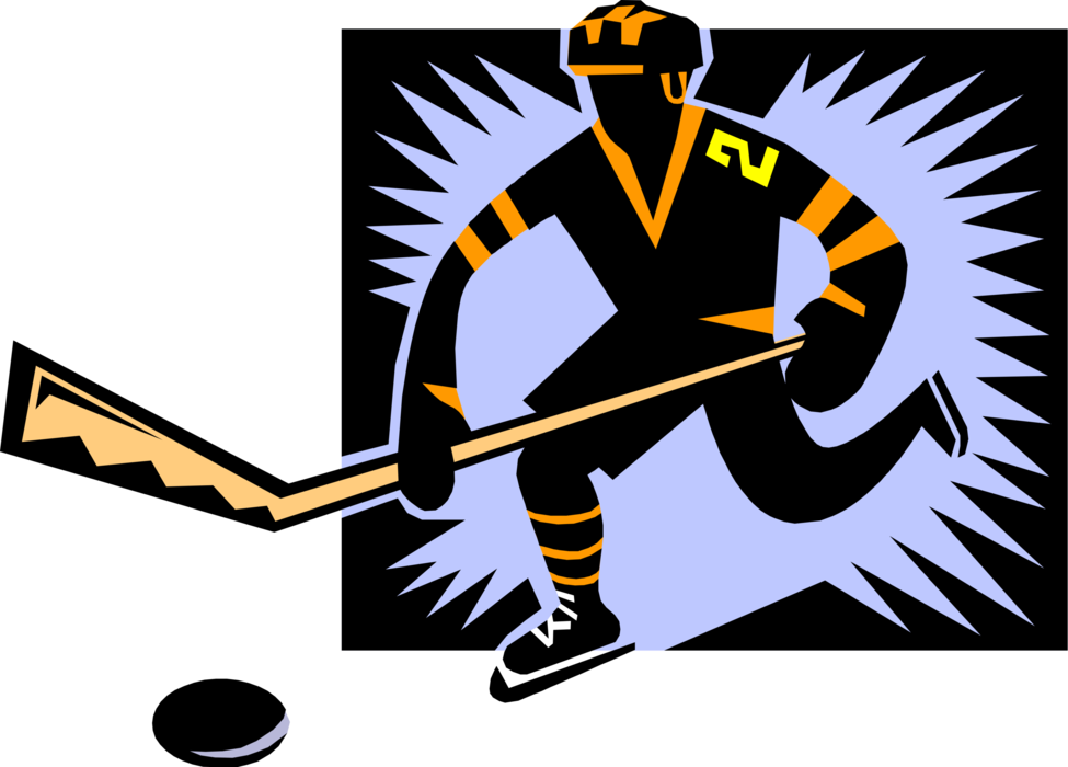 Vector Illustration of Sport of Ice Hockey Player Skates Quickly Down Rink with Puck