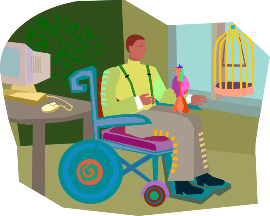 Vector Illustration of Disabled Man in Wheelchair with Pet Bird and Birdcage