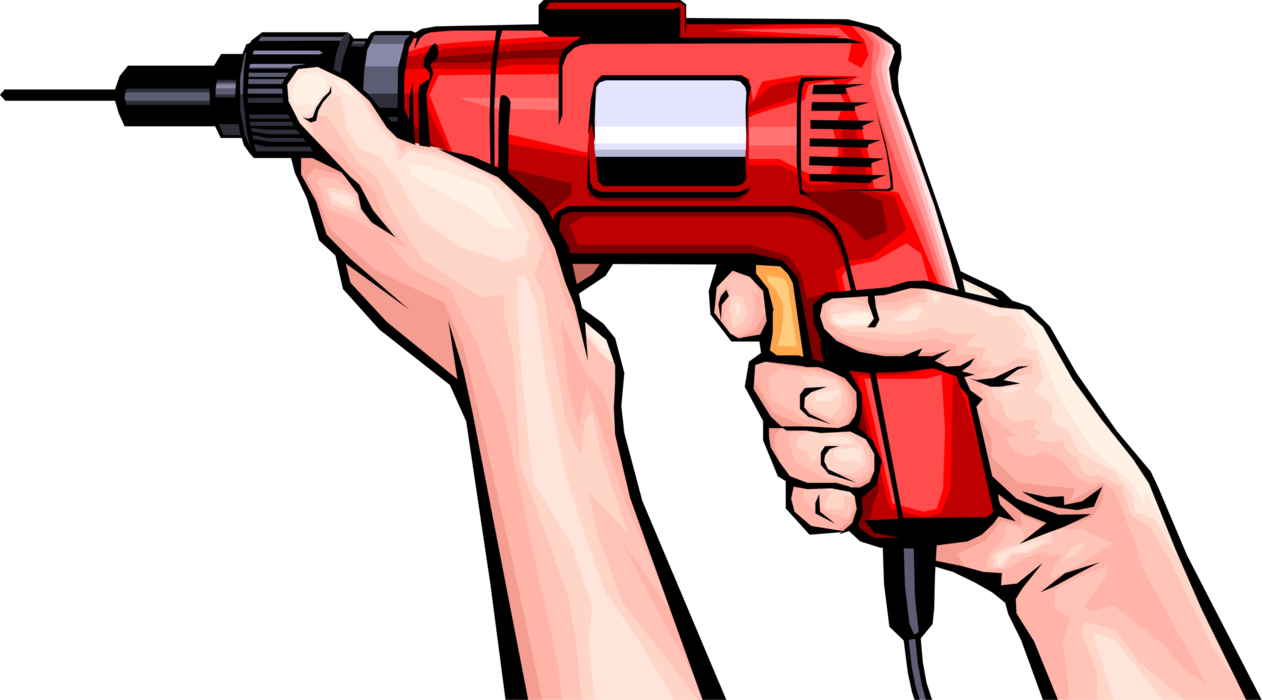 Vector Illustration of Hands with Electric Drill Tool used in Woodworking and Construction