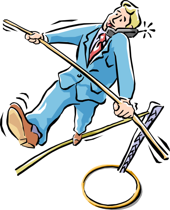 Vector Illustration of Businessman on Telephone in Circus Tightrope Balancing Act