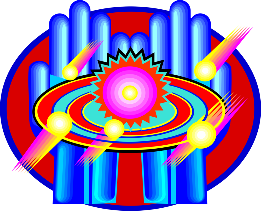 Vector Illustration of Atomic Science Atom Symbol with Nucleus, Neutrons, Protons and One or More Electrons