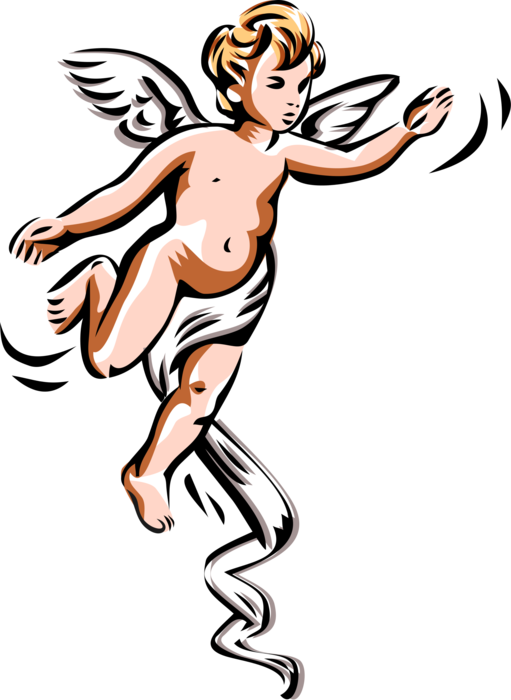 Vector Illustration of Angelic Spiritual Cherub Angel with Wings Flies Through Air