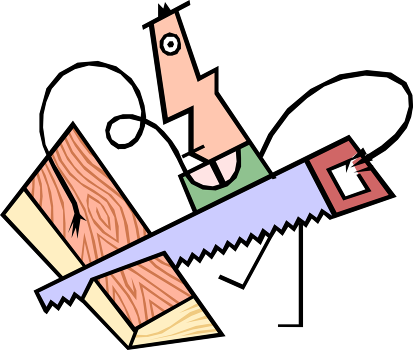 Vector Illustration of Handy Home Do-It-Yourself Carpenter Cuts Wood with Hand Saw