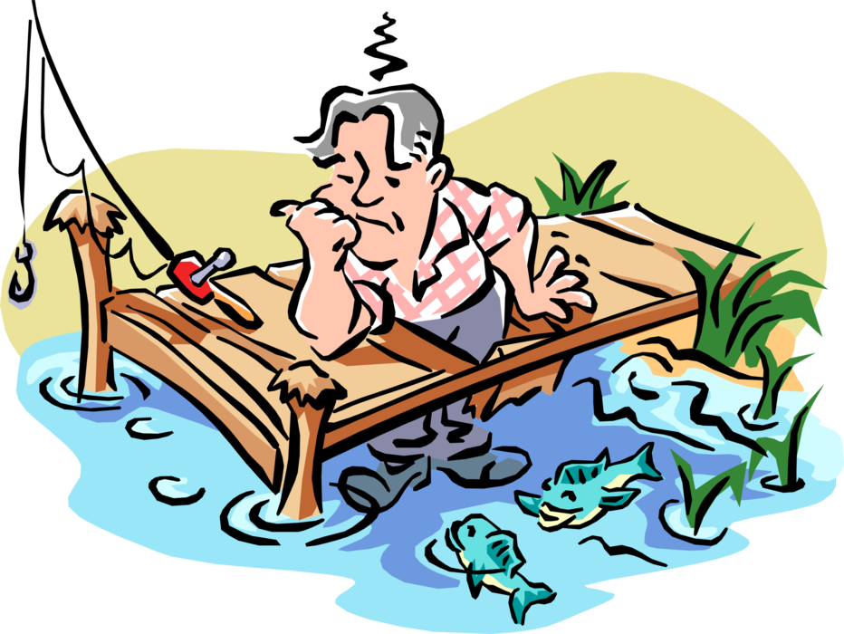 Vector Illustration of Do-It-Yourself Home Improvement Handyman Fishing From Boat Dock Falls Through into Water