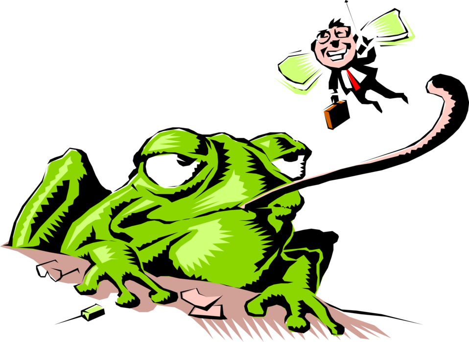 Vector Illustration of Cartoon Green Frog Eating Human Insect