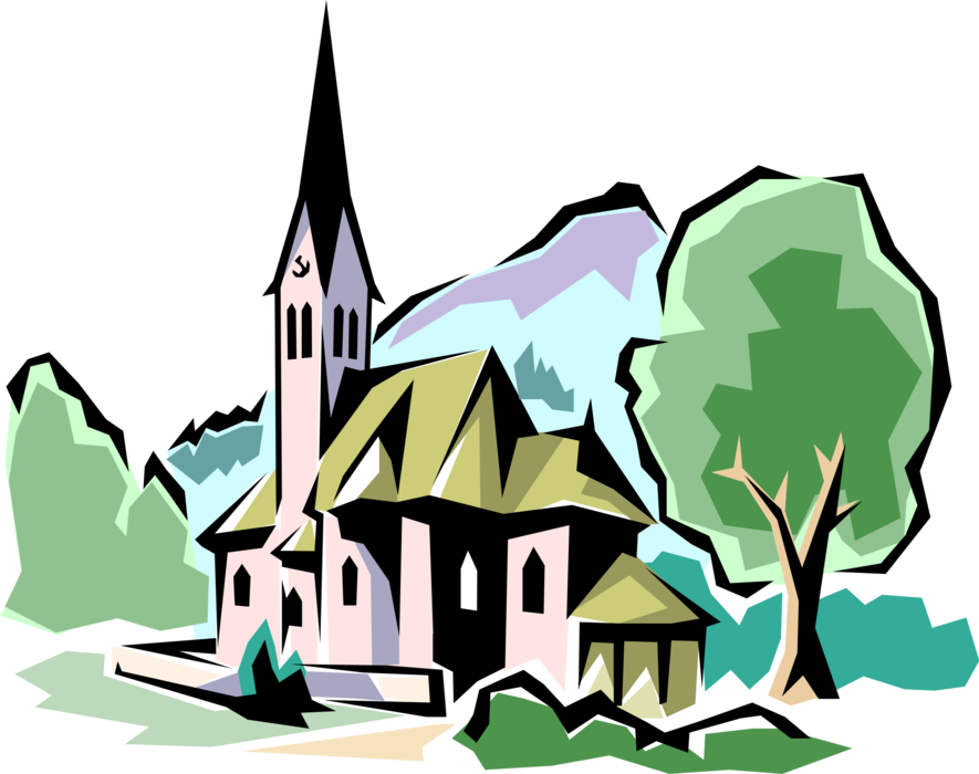 Vector Illustration of Christian Church Cathedral House of Worship in Rural Countryside