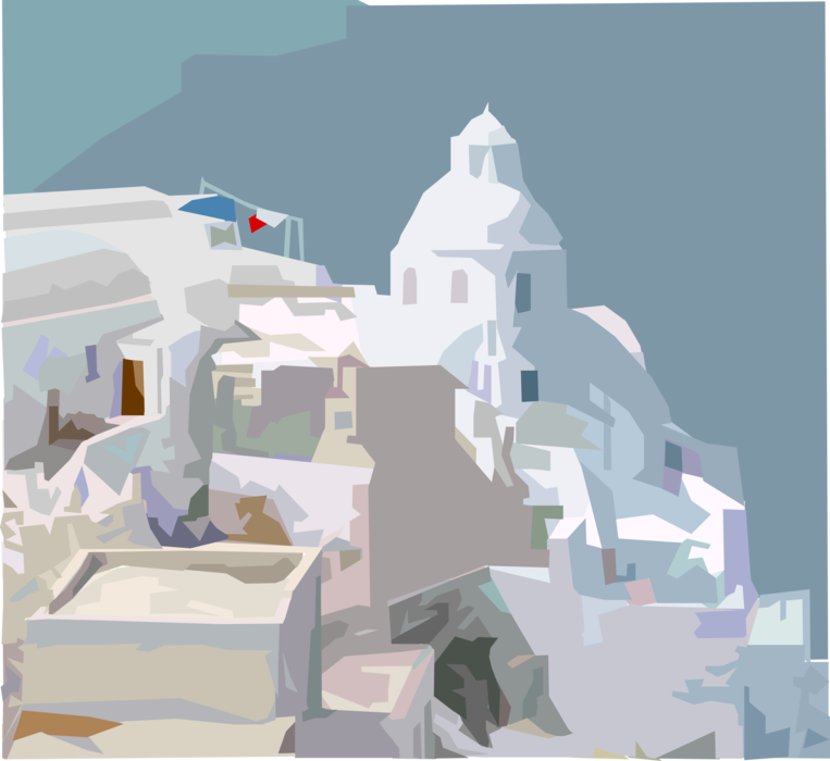Vector Illustration of Greek Tourism in Cyclades Island of Santorini in Aegean Sea House on Cliff