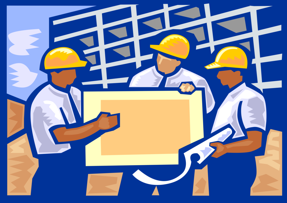 Vector Illustration of Engineers Review Blueprints at Construction Site