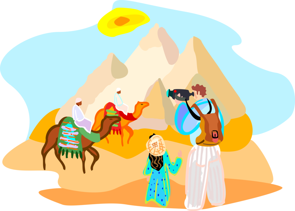 Vector Illustration of Tourists Video Camels at Great Pyramids of Giza Cairo Egypt