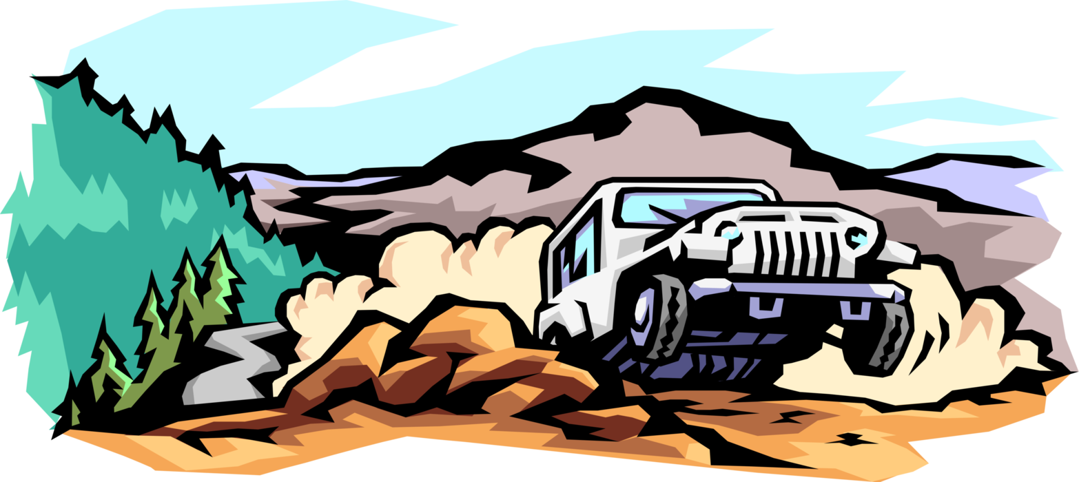 Vector Illustration of Jeep Sports Utility Off-Road Automobile Motor Vehicle Tackles Steep Terrain