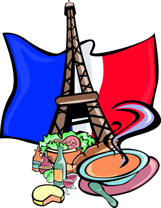 Vector Illustration of Eiffel Tower with French Culinary Food Specialties and Flag of France, Paris 