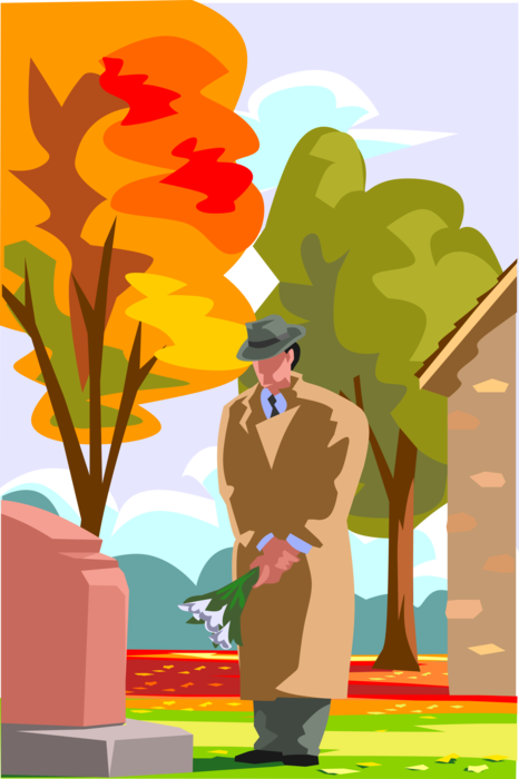 Vector Illustration of Bereaved Man Visiting Grave and Paying Respects to Loved One