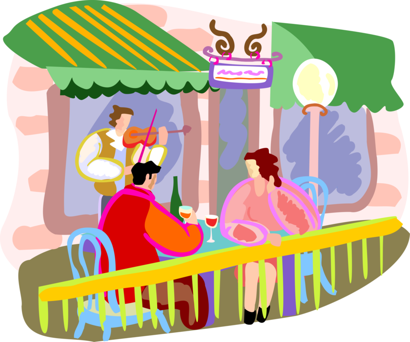 Vector Illustration of Couple Enjoy Wine and Conversation at Outdoor Paris Café with Violinist