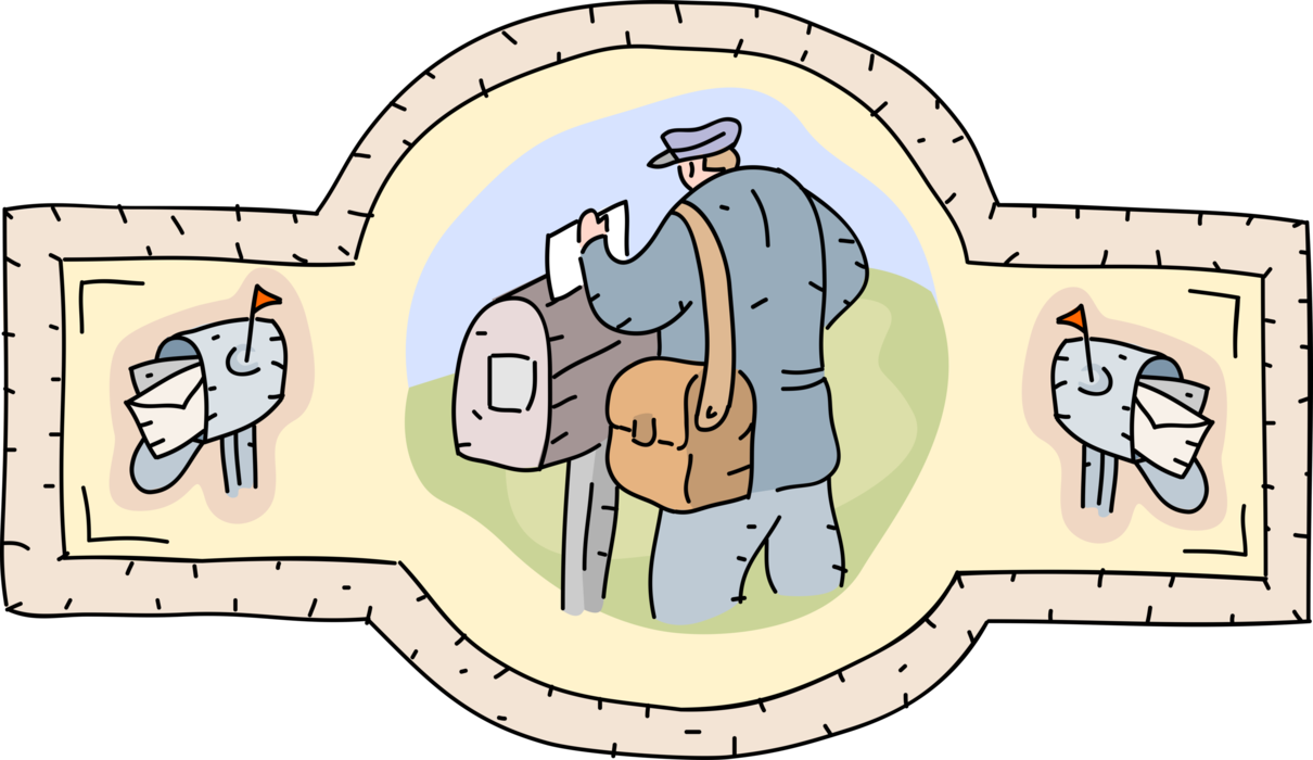 Vector Illustration of Postman Mailman Delivers Snail Mail Letters and Mail Envelopes
