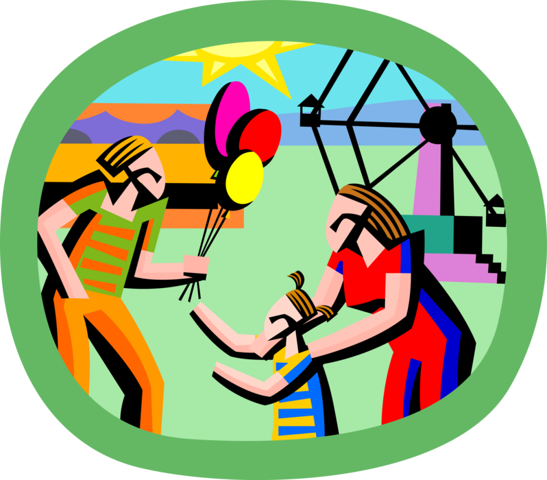 Vector Illustration of Family Visiting the Amusement or Theme Park