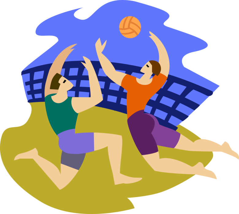 Vector Illustration of Sport of Beach Volleyball Game with Players and Ball