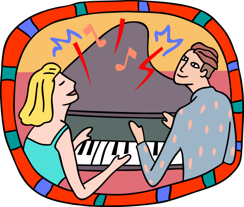 Vector Illustration of Couple Singing and Playing Duets on Piano Keyboard Musical Instrument