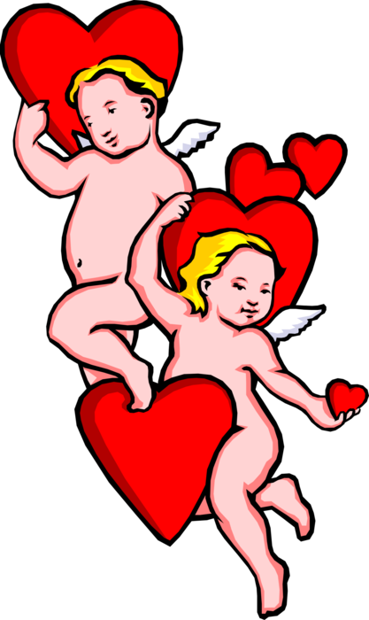 Vector Illustration of Romantic Valentine's Day Love Hearts with Cupid Angels