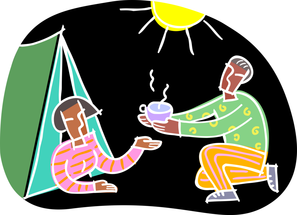 Vector Illustration of Outdoor Recreational Activity Camping Trip Coffee Time with Tent