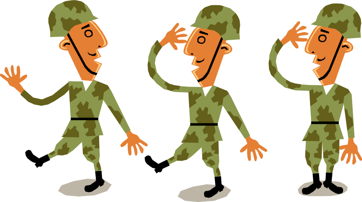 Vector Illustration of Military Armed Forces Army Troop Soldiers March in Formation and Salute Commanding Officer