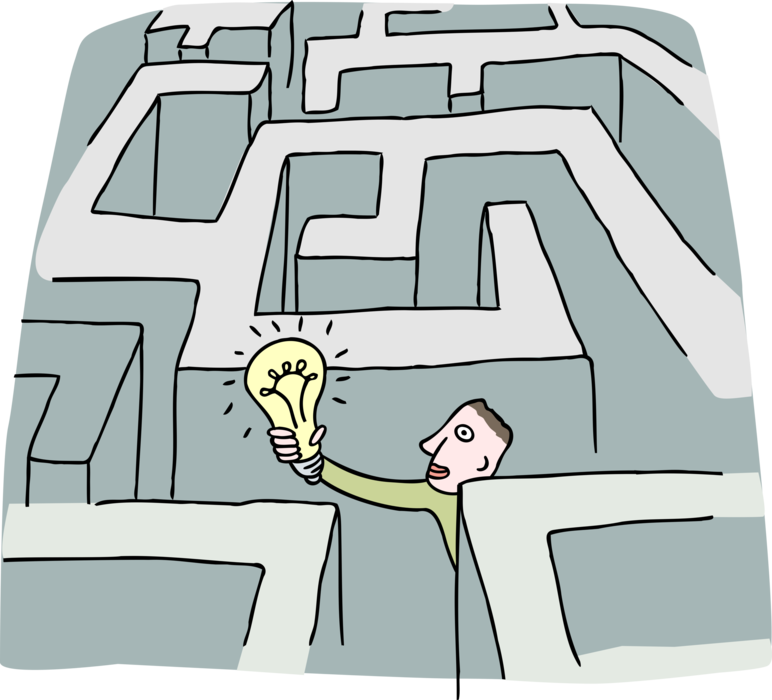 Vector Illustration of Man Finds His Way with an Idea Light Bulb in Maze Labyrinth with Walls and Passageways