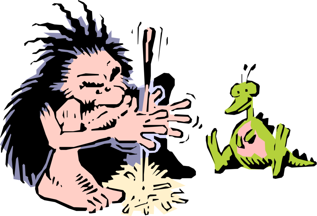 Vector Illustration of Prehistoric Neanderthal Stone Age Caveman Starting Fire with Dinosaur