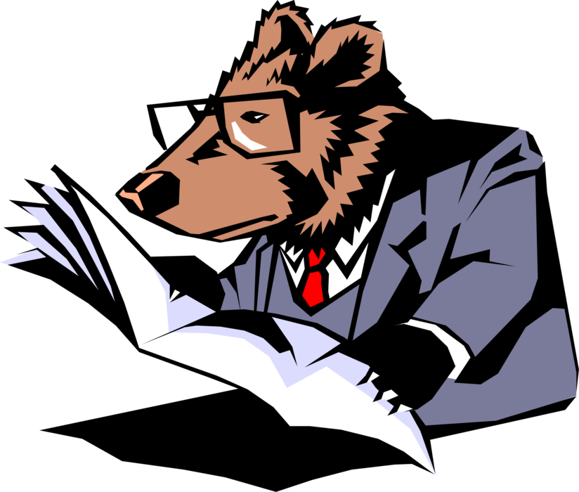 Vector Illustration of Wall Street Bear Market Bear with Eyeglasses Reads the Stock Market Report