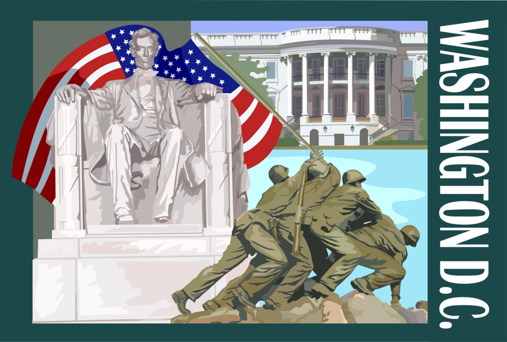 Vector Illustration of Washington D.C. Postcard Design with Lincoln Memorial and Marine Corp Memorial