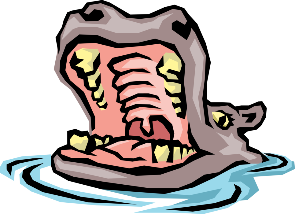 Vector Illustration of African Hippopotamus Hippo Sticks Its Head Out of Water and Yawns