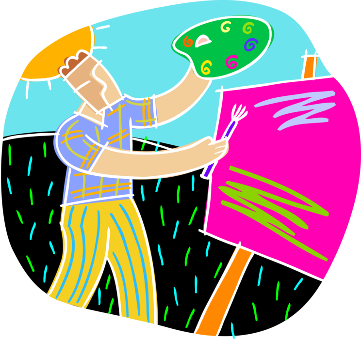 Vector Illustration of Visual Fine Arts Artist Painting on Canvas with Palette and Paintbrush Outdoors