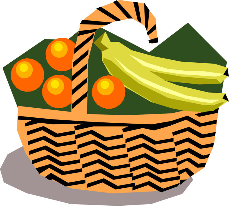 Vector Illustration of Fruit Basket with Oranges and Bananas
