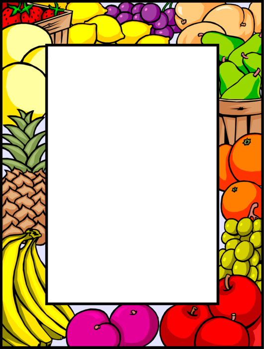 Vector Illustration of Fruit Border with Apples, Grapes, Oranges, Pears, Lemons, Pineapples and Bananas