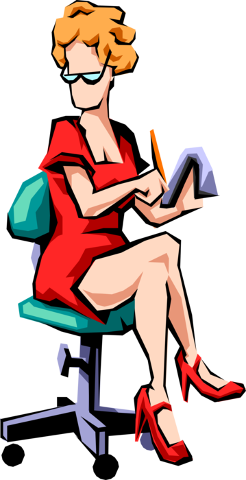 Vector Illustration of Office Receptionist Does Double Duty as Boss's Secretary and Takes Dictation