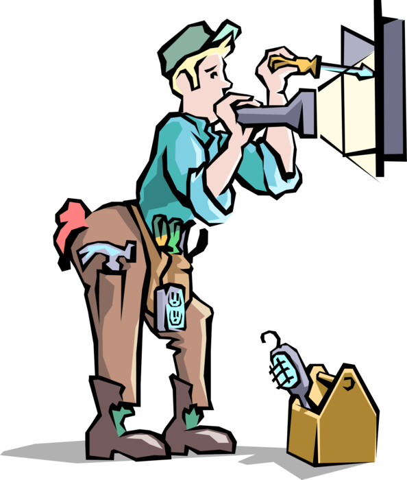 Vector Illustration of Handyman Home Renovation Expert Electrician with Tools at Electrical Panel