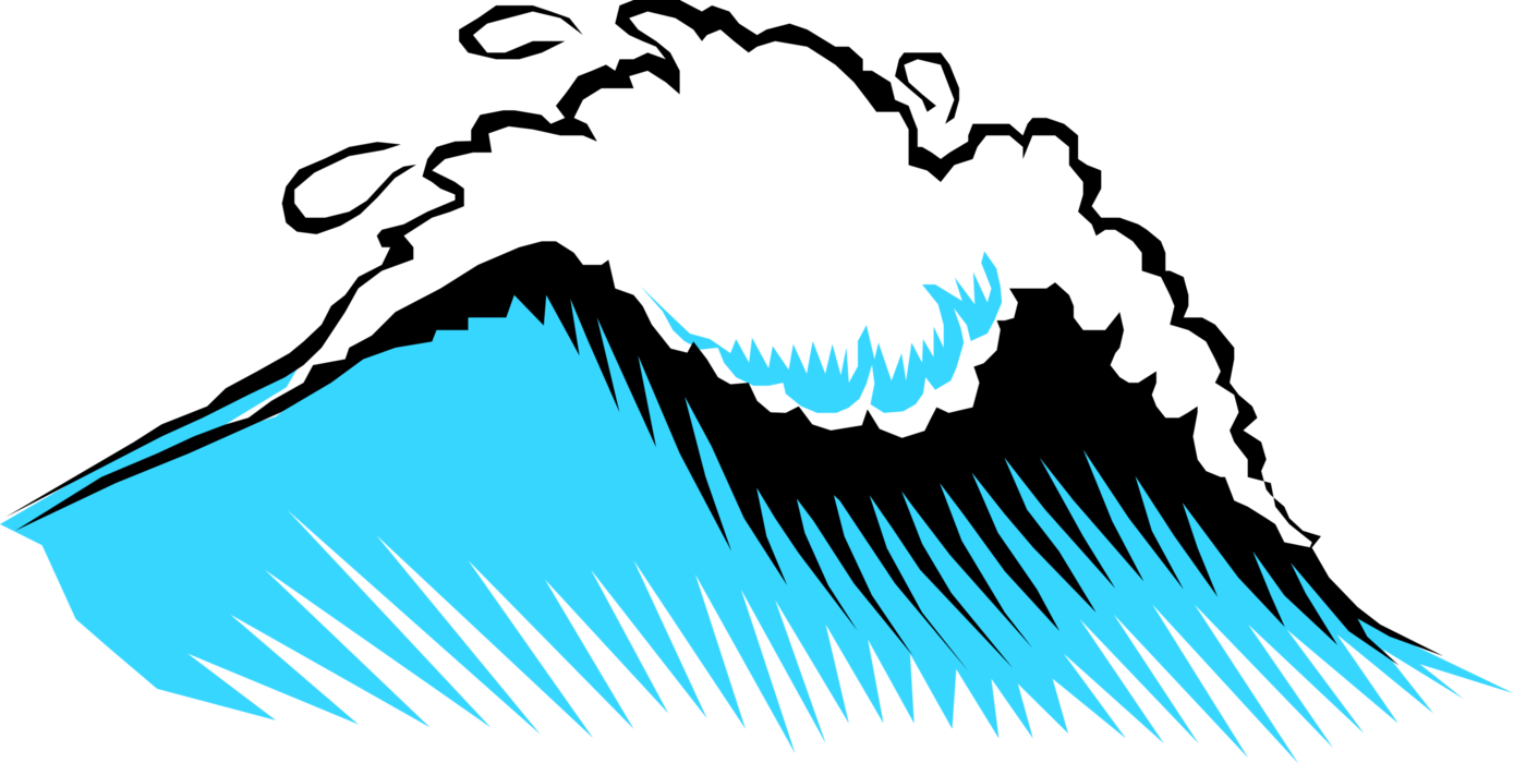 Vector Illustration of Large Wave Cresting as It Rolls to Beach