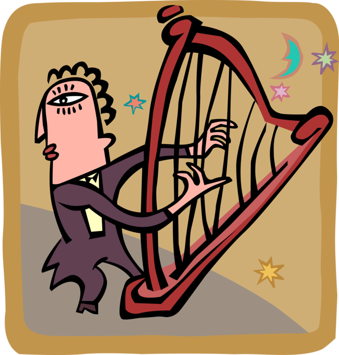 Vector Illustration of Musician Plays Harp Stringed Musical Instrument