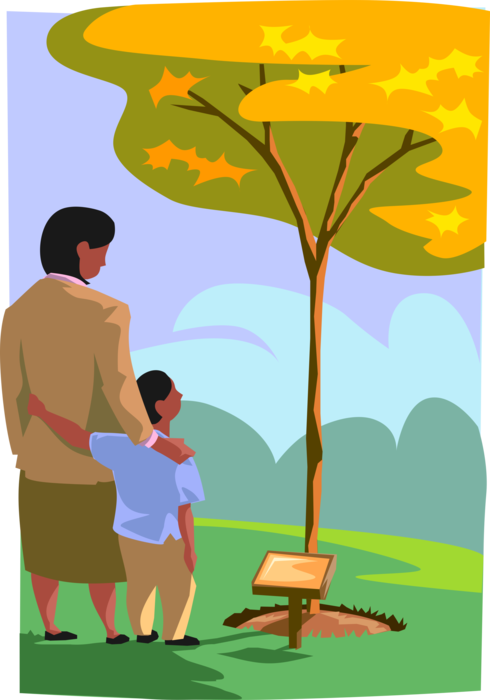 Vector Illustration of Loved Ones Visiting Cemetery Grave and Paying Respects