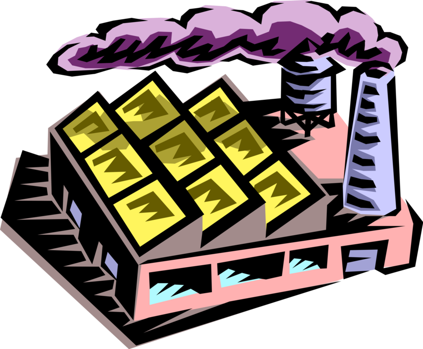 Vector Illustration of Industrial Factory Building Smokestack Pollution