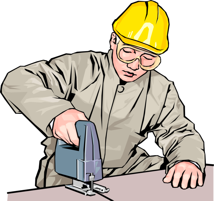 Vector Illustration of Construction Worker with Electric Jigsaw on Building Site