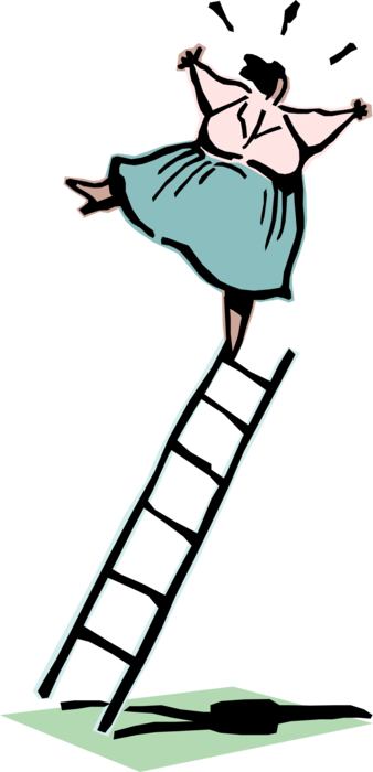 Vector Illustration of Businesswoman Balances on Ladder for Climbing and Reaching 