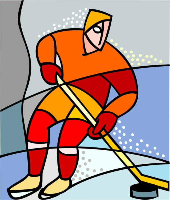 Vector Illustration of Sport of Ice Hockey Player with Stick and Puck Skates Down Ice