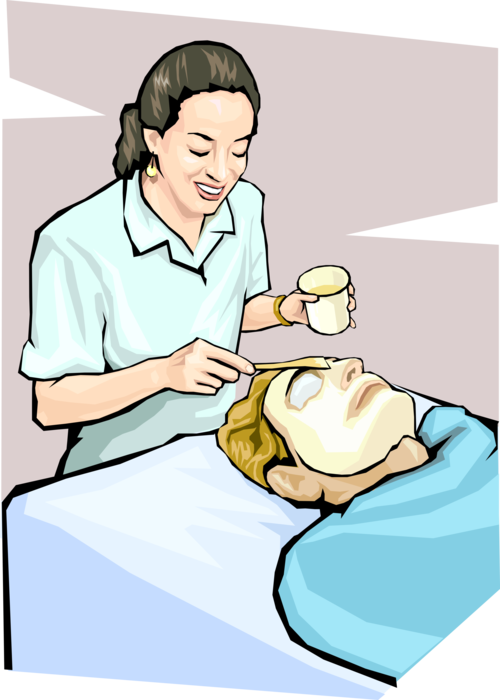 Vector Illustration of Beauty and Cosmetics Beautician Applies Facial to Client