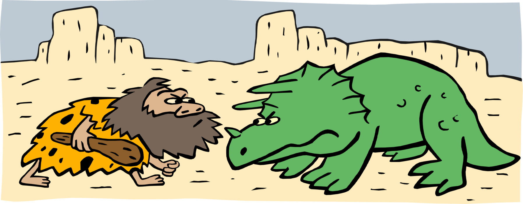 Vector Illustration of Prehistoric Dinosaur and Caveman in Head-to-Head Confrontation