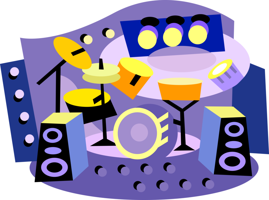 Vector Illustration of Nightclub Stage Live Performance with Drum Kit and Stage Lights